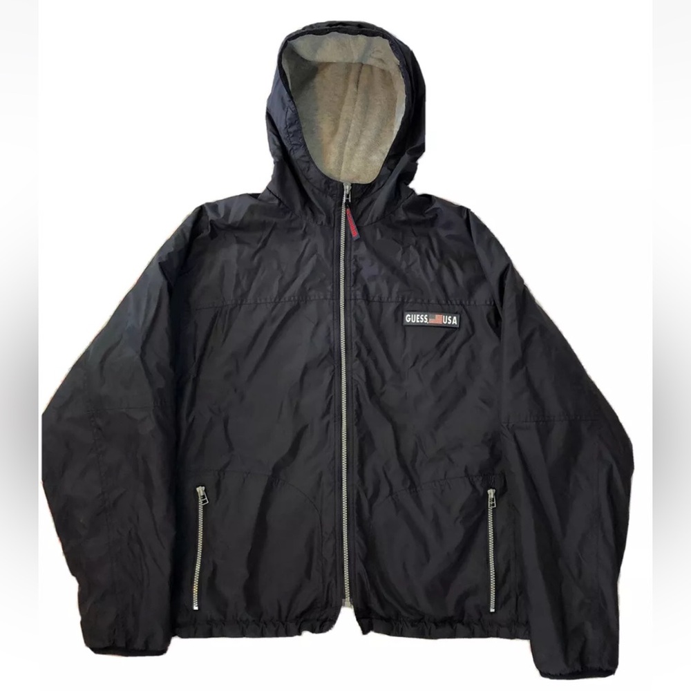 Vintage Guess USA Men’s Navy Lined Windbreaker Jacket With Hood Size Med